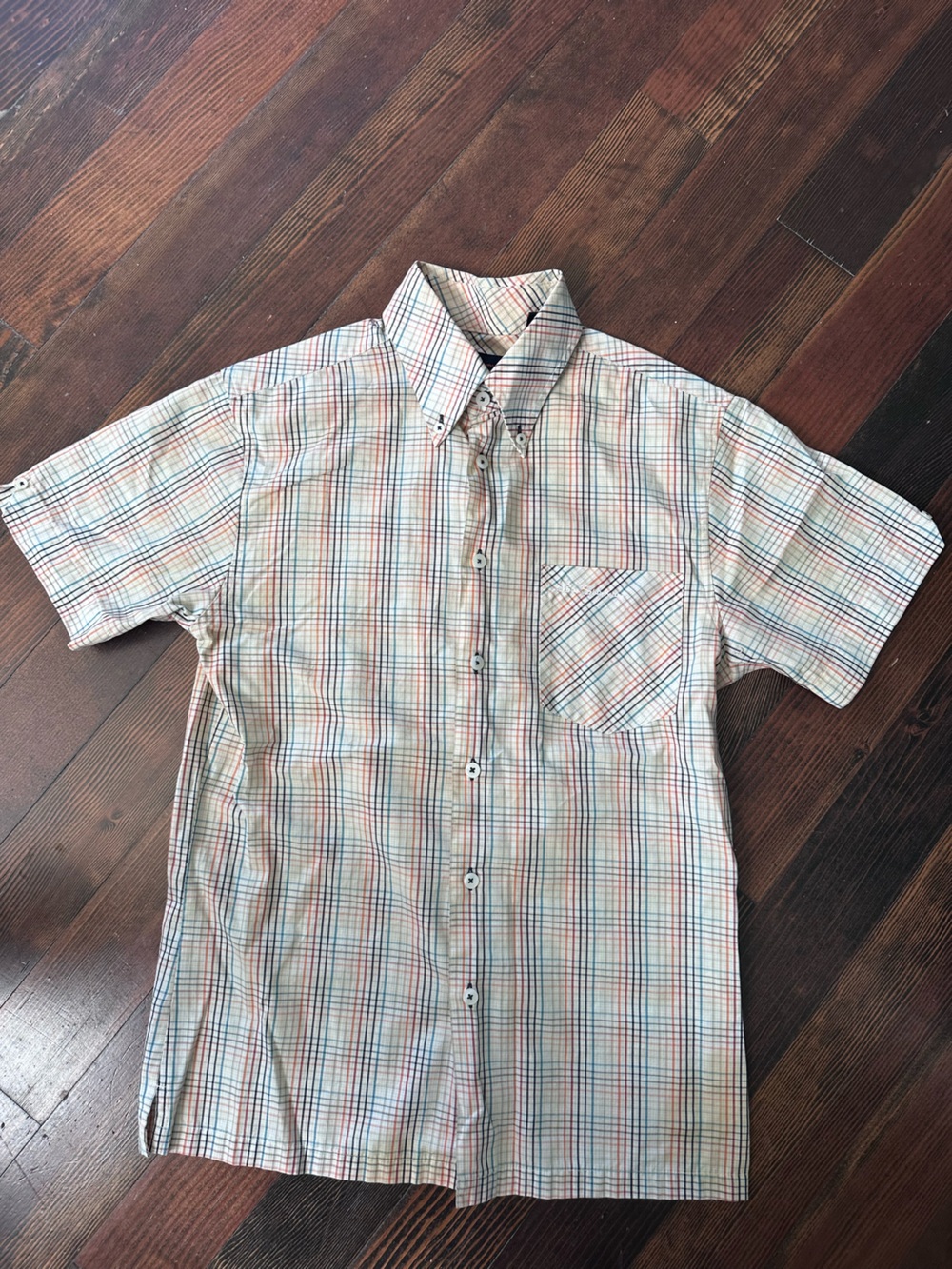 Men's Short-Sleeve Plaid Button-Up Shirt in Light Blue & Coral